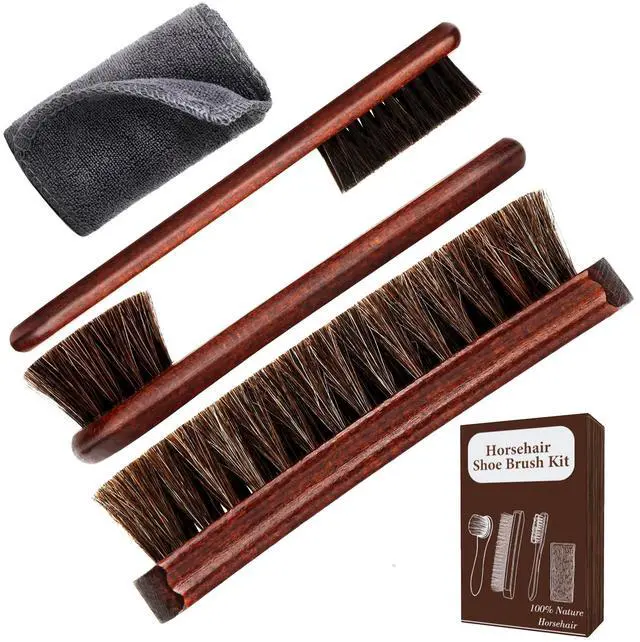 Main image of 4-Piece 100% Horse Hair Shoe Brush Kit for Leather Care Professional Dauber Applicators and Polishing Brushes with Cleaning Cloth for Leather Shoes, Boots, Bags, Jackets & Car Detailing