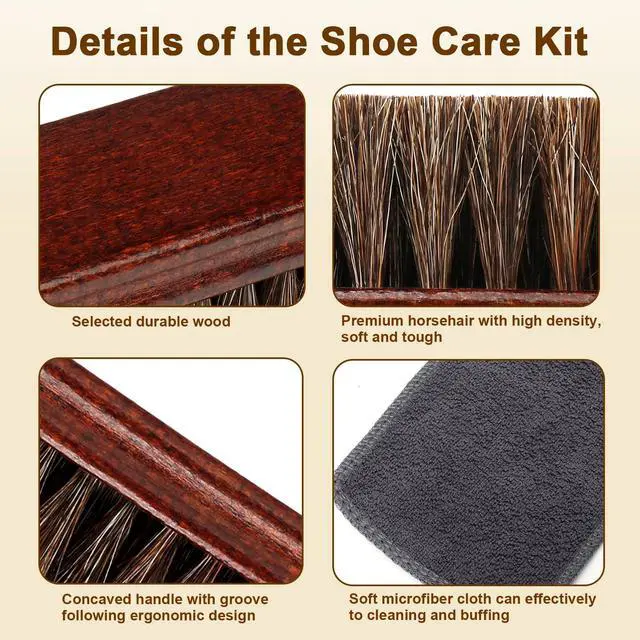 Alt view image 5 of 7 - 4-Piece 100% Horse Hair Shoe Brush Kit for Leather Care Professional Dauber Applicators and Polishing Brushes with Cleaning Cloth for Leather Shoes, Boots, Bags, Jackets & Car Detailing