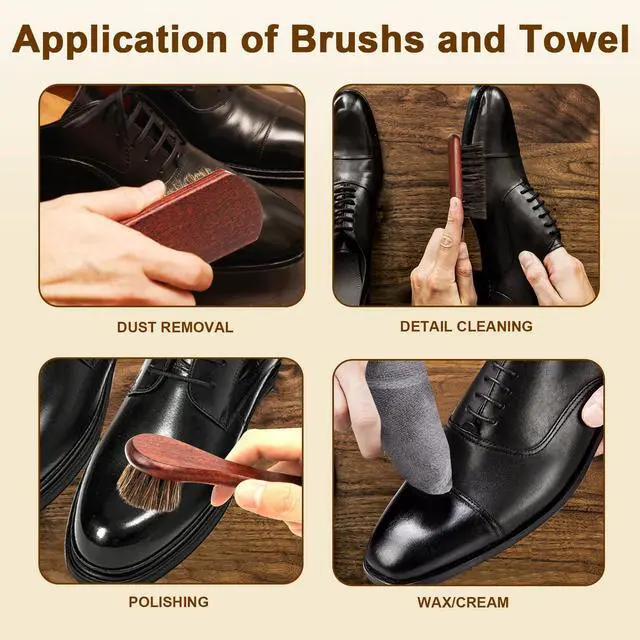 Alt view image 6 of 7 - 4-Piece 100% Horse Hair Shoe Brush Kit for Leather Care Professional Dauber Applicators and Polishing Brushes with Cleaning Cloth for Leather Shoes, Boots, Bags, Jackets & Car Detailing
