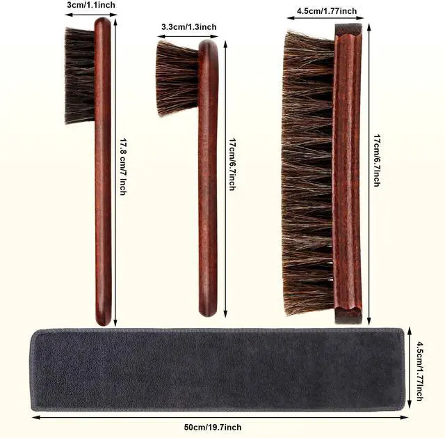 Alt view image 7 of 7 - 4-Piece 100% Horse Hair Shoe Brush Kit for Leather Care Professional Dauber Applicators and Polishing Brushes with Cleaning Cloth for Leather Shoes, Boots, Bags, Jackets & Car Detailing