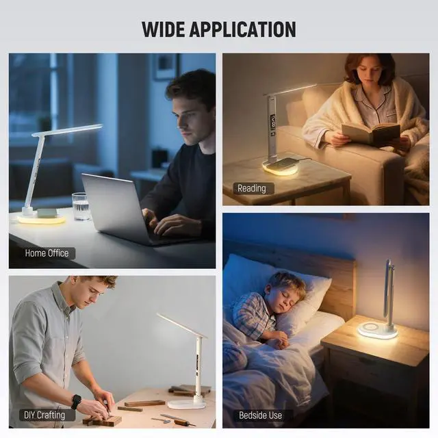 Alt view image 7 of 7 - Entry Level Version Desktop LED Lamp with USB A Output for Desk, 3 Modes/5 Brightness Levels/4 RGB Effects/CRI85, LCD for Temp/Date/Time/Alarm, Home Office Reading Eye Caring Touch Light, N20