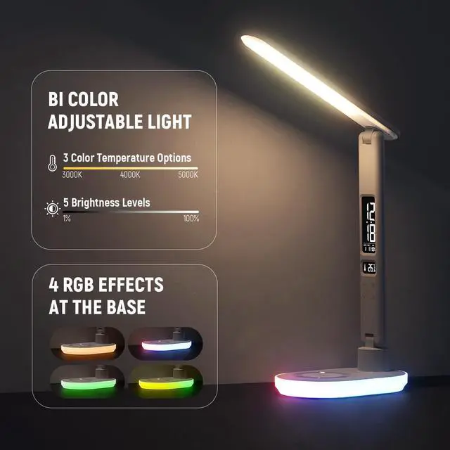 Alt view image 3 of 7 - Entry Level Version Desktop LED Lamp with USB A Output for Desk, 3 Modes/5 Brightness Levels/4 RGB Effects/CRI85, LCD for Temp/Date/Time/Alarm, Home Office Reading Eye Caring Touch Light, N20