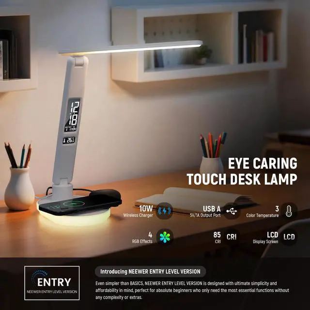 Alt view image 2 of 7 - Entry Level Version Desktop LED Lamp with USB A Output for Desk, 3 Modes/5 Brightness Levels/4 RGB Effects/CRI85, LCD for Temp/Date/Time/Alarm, Home Office Reading Eye Caring Touch Light, N20