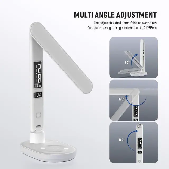 Alt view image 6 of 7 - Entry Level Version Desktop LED Lamp with USB A Output for Desk, 3 Modes/5 Brightness Levels/4 RGB Effects/CRI85, LCD for Temp/Date/Time/Alarm, Home Office Reading Eye Caring Touch Light, N20