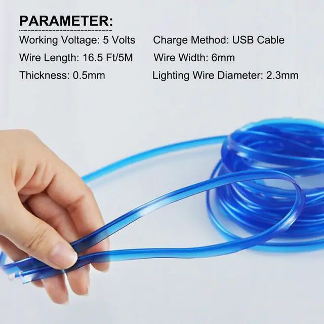 Alt view image 6 of 6 - EL Wire Interior Car LED Strip Lights, 16.5FT USB Neon Glowing Strobing El Wire Strip with 6mm Sewing Edge, Ambient Lighting Kits for Car Inside Decorations (Blue)