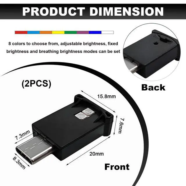 Alt view image 2 of 6 - 2PCS USB Type C LED Ambient Light, 8 Colors RGB Dynamic Atmosphere Lamp Car Interior Decor USB Night Light, Adjustable Bright Plug-in Mini Ambient Lighting Kit for Car Laptop