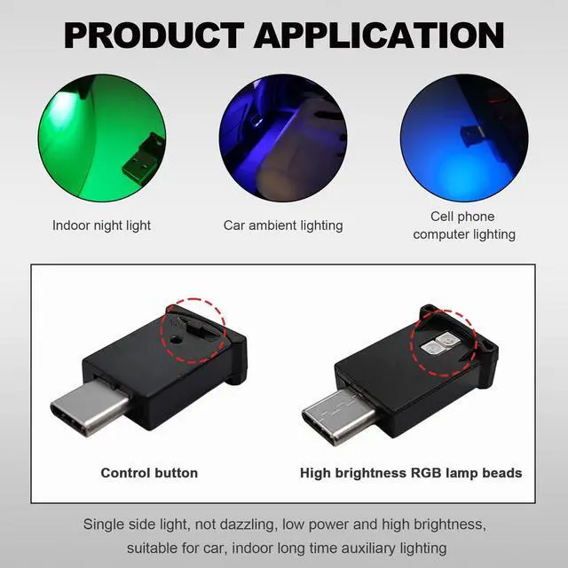 Alt view image 4 of 6 - 2PCS USB Type C LED Ambient Light, 8 Colors RGB Dynamic Atmosphere Lamp Car Interior Decor USB Night Light, Adjustable Bright Plug-in Mini Ambient Lighting Kit for Car Laptop