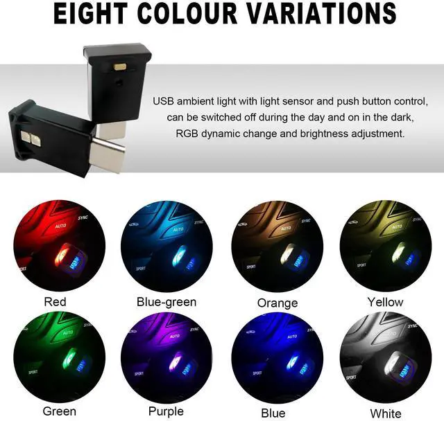 Alt view image 6 of 6 - 2PCS USB Type C LED Ambient Light, 8 Colors RGB Dynamic Atmosphere Lamp Car Interior Decor USB Night Light, Adjustable Bright Plug-in Mini Ambient Lighting Kit for Car Laptop