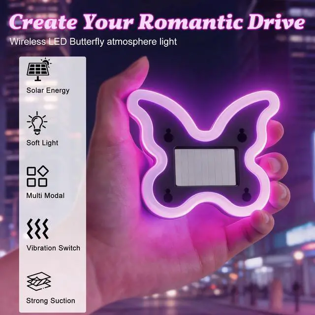 Alt view image 2 of 6 - Car Light LED Ambient Solar Lights Butterfly Lamp -Powered Heart-Shaped Neon Lights for Car Window Pink Decor 6 Modes Interior Outdoor Decor (1, Pink)