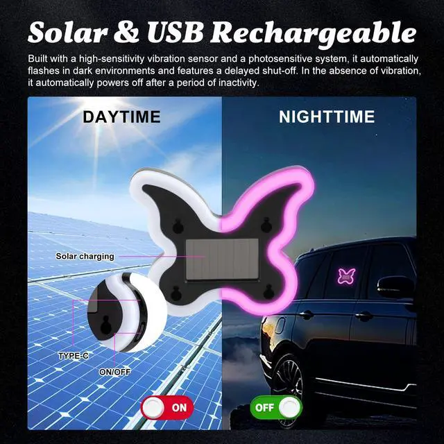 Alt view image 4 of 6 - Car Light LED Ambient Solar Lights Butterfly Lamp -Powered Heart-Shaped Neon Lights for Car Window Pink Decor 6 Modes Interior Outdoor Decor (1, Pink)
