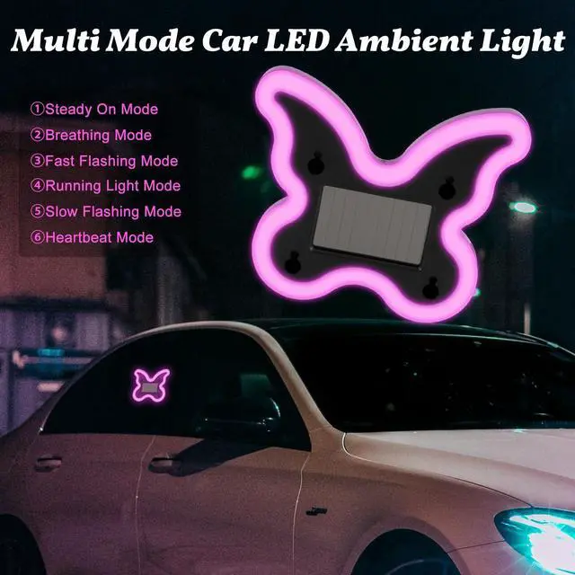 Alt view image 5 of 6 - Car Light LED Ambient Solar Lights Butterfly Lamp -Powered Heart-Shaped Neon Lights for Car Window Pink Decor 6 Modes Interior Outdoor Decor (1, Pink)