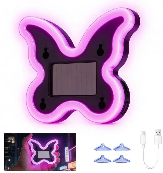Main image of Car Light LED Ambient Solar Lights Butterfly Lamp -Powered Heart-Shaped Neon Lights for Car Window Pink Decor 6 Modes Interior Outdoor Decor (1, Pink)