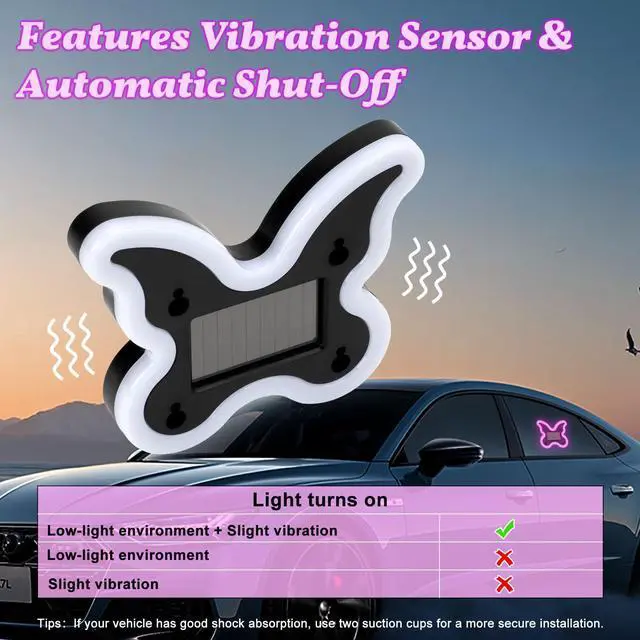 Alt view image 3 of 6 - Car Light LED Ambient Solar Lights Butterfly Lamp -Powered Heart-Shaped Neon Lights for Car Window Pink Decor 6 Modes Interior Outdoor Decor (1, Pink)