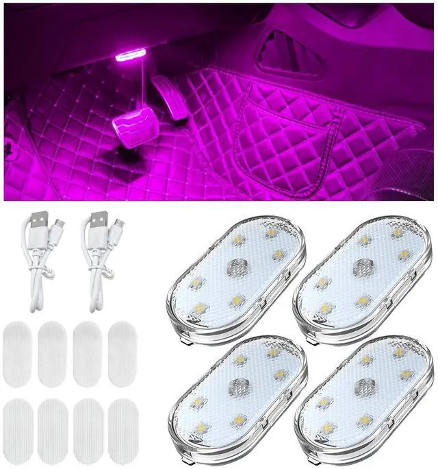 Main image of 4 PCS Car LED Lights Interior Wireless, 7 Colors Magnetic Auto Ambient Light with 6 Bright LED Lamp Beads, Portable USB Rechargeable Vehicle Interior Led Night Light (Pink, Sticky, 4pcs)