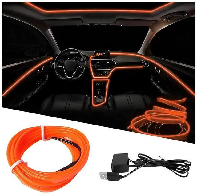 Main image of EL Wire Car LED Strip Lights, 10FT 5V USB Vehicle Ambient Lighting Kit with Fuse Protection, Automotive Interior Neon Decoration Lamp with 5mm Sewing Edge, Universal Fit (Orange)