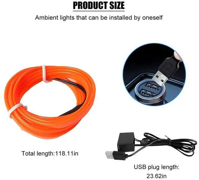 Alt view image 2 of 6 - EL Wire Car LED Strip Lights, 10FT 5V USB Vehicle Ambient Lighting Kit with Fuse Protection, Automotive Interior Neon Decoration Lamp with 5mm Sewing Edge, Universal Fit (Orange)