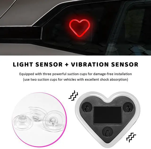 Alt view image 4 of 6 - Heart-Shaped Car LED Ambient Light, Solar-Powered Love Heart Lamp Vehicle C-Pillar Atmosphere Light, Vibration-Sensing Triangle Window Lights Car Interior Decoration (Red)