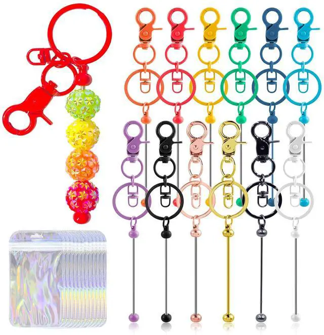 Main image of 24 Pcs Beadable Keychains Bars bulk - 12 Colorful DIY Metal Beaded Keychain Making Kit + 12 Bags Included, Bead Keychain Supplies,Blank Key Chain, Perfect for Women, Men, Mother's Day, Birthday Gift