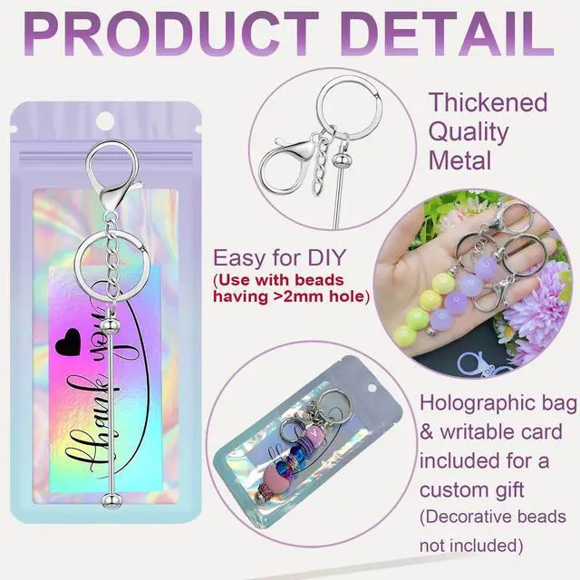 Alt view image 4 of 7 - 42 Pcs Beadable Keychain Bars Bulk Blank Beaded Keychain Making Kit DIY Bead Keychain Supplies 14 Metal Keychain Bars 14 Bags 14 Thank You Cards Included for Women, Men, Mother's Day, Birthday Gift