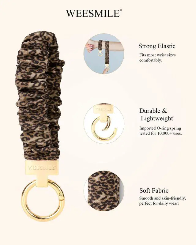 Alt view image 4 of 7 - Keychain Wristlet, Stretchy Key Chain for Car Keys with D ring, Cute Scrunchie Wrist Bracelet for Women Men (Print Leopard)