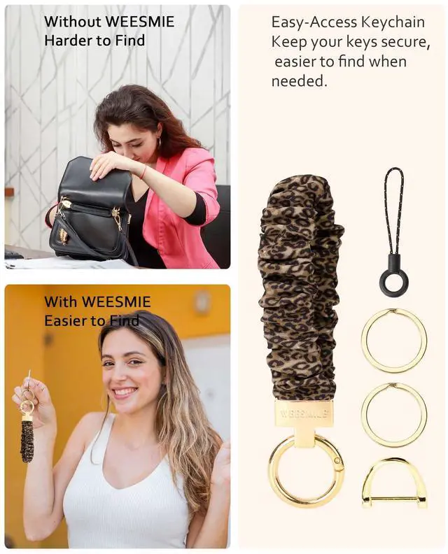 Alt view image 2 of 7 - Keychain Wristlet, Stretchy Key Chain for Car Keys with D ring, Cute Scrunchie Wrist Bracelet for Women Men (Print Leopard)