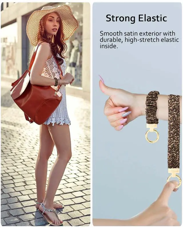 Alt view image 3 of 7 - Keychain Wristlet, Stretchy Key Chain for Car Keys with D ring, Cute Scrunchie Wrist Bracelet for Women Men (Print Leopard)
