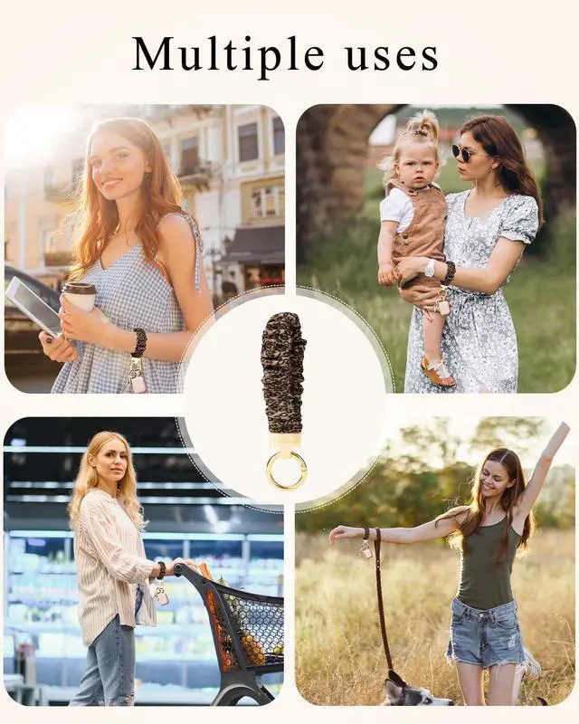 Alt view image 7 of 7 - Keychain Wristlet, Stretchy Key Chain for Car Keys with D ring, Cute Scrunchie Wrist Bracelet for Women Men (Print Leopard)