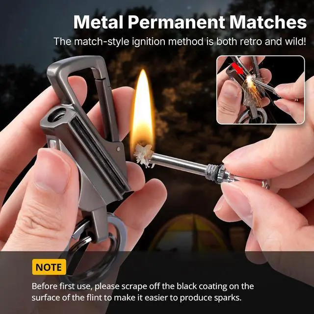 Alt view image 2 of 7 - 2 Pack Permanent Match Infinity Lighter with Multitool Keychain Bottle Opener, Reusable Waterproof Match Strike Anywhere, Forever Flint Fire Starter for Outdoor Survival, for Men