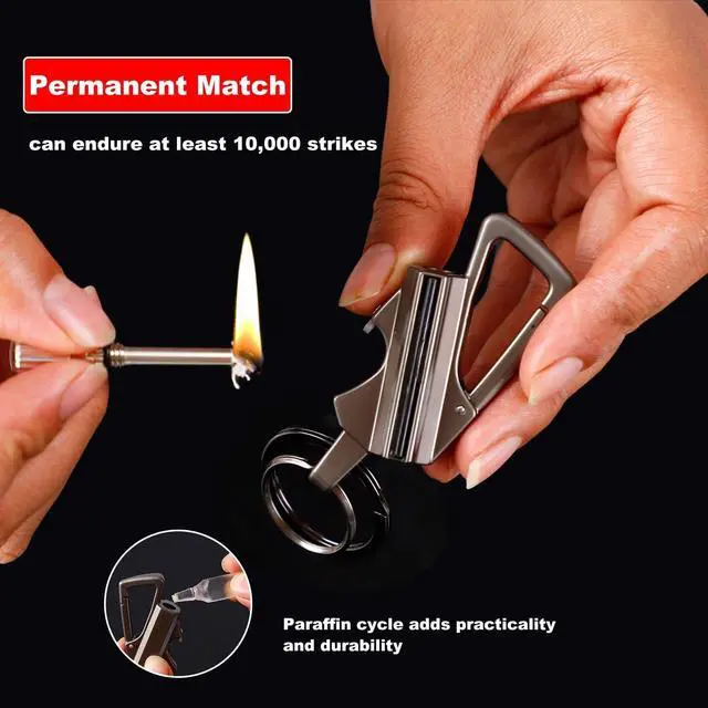 Alt view image 4 of 7 - Keychain Lighter 2 Pack Metal Match Kerosene Lighter Reusable Waterproof Windproof Permanent Strike Anywhere with Multitool Bottle Opener, for Outdoor Survival Gift for Men(Black)
