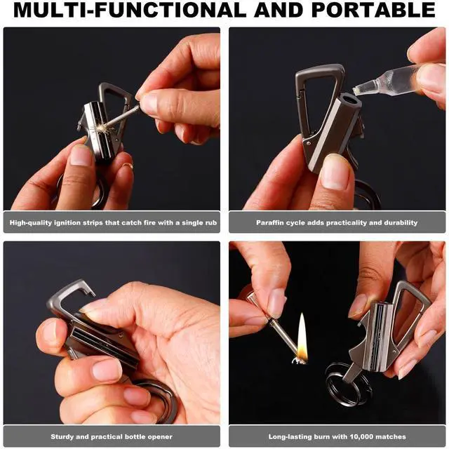 Alt view image 7 of 7 - Keychain Lighter 2 Pack Metal Match Kerosene Lighter Reusable Waterproof Windproof Permanent Strike Anywhere with Multitool Bottle Opener, for Outdoor Survival Gift for Men(Black)