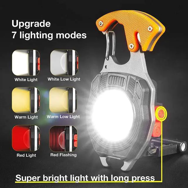 Alt view image 4 of 4 - COB Keychain Work Light Keychain Flashlights 7 Light Modes 1600Lumen,portable usb rechargeable cob work light Emergency Light with Folding Bracket Bottle Opener and Magnet Base,Camping (Orange)
