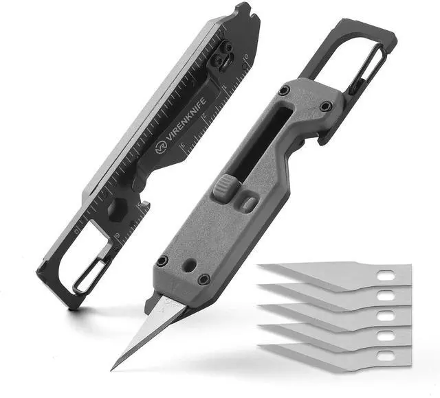 Main image of Folding Knife, 12-in-1 Mini Multi-Functional Keychain with Pry Bar, Carabiner, Phillips Screwdriver, and Retractable Razor Blade, an ideal gift for both men and women (Grey)