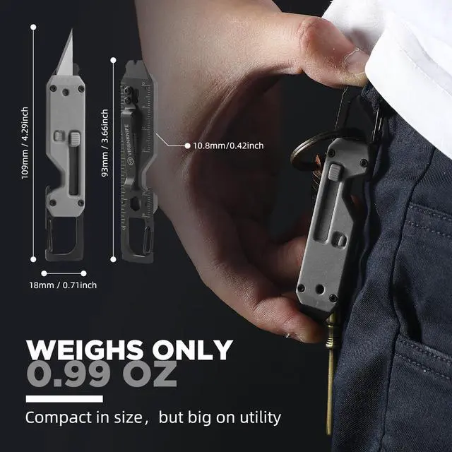 Alt view image 2 of 7 - Folding Knife, 12-in-1 Mini Multi-Functional Keychain with Pry Bar, Carabiner, Phillips Screwdriver, and Retractable Razor Blade, an ideal gift for both men and women (Grey)