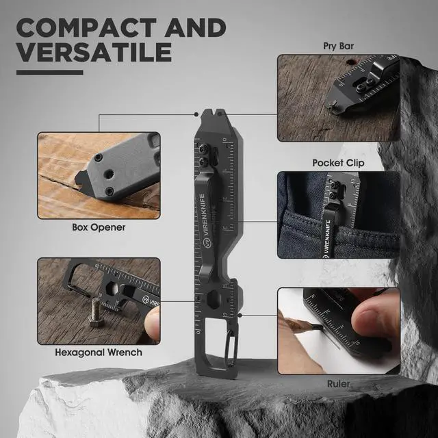 Alt view image 4 of 7 - Folding Knife, 12-in-1 Mini Multi-Functional Keychain with Pry Bar, Carabiner, Phillips Screwdriver, and Retractable Razor Blade, an ideal gift for both men and women (Grey)