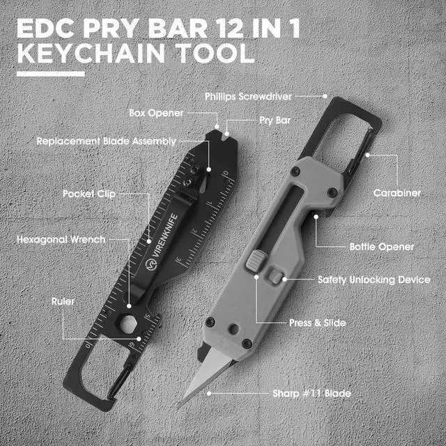 Alt view image 5 of 7 - Folding Knife, 12-in-1 Mini Multi-Functional Keychain with Pry Bar, Carabiner, Phillips Screwdriver, and Retractable Razor Blade, an ideal gift for both men and women (Grey)
