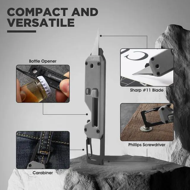 Alt view image 3 of 7 - Folding Knife, 12-in-1 Mini Multi-Functional Keychain with Pry Bar, Carabiner, Phillips Screwdriver, and Retractable Razor Blade, an ideal gift for both men and women (Grey)