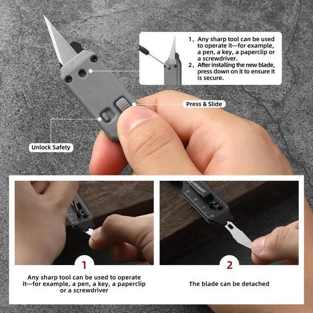 Alt view image 6 of 7 - Folding Knife, 12-in-1 Mini Multi-Functional Keychain with Pry Bar, Carabiner, Phillips Screwdriver, and Retractable Razor Blade, an ideal gift for both men and women (Grey)