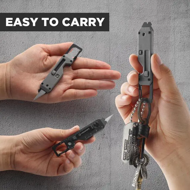 Alt view image 7 of 7 - Folding Knife, 12-in-1 Mini Multi-Functional Keychain with Pry Bar, Carabiner, Phillips Screwdriver, and Retractable Razor Blade, an ideal gift for both men and women (Grey)