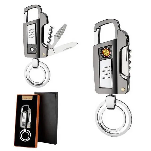 Main image of Multi-functional Keychain with Practical Features - Cigarette Lighter, LED Flashlight, Nail File, Knife, Wine Bottle Opener & Flathead ScrewdriverSuitable for cars, offices, and can be gifts (Black)
