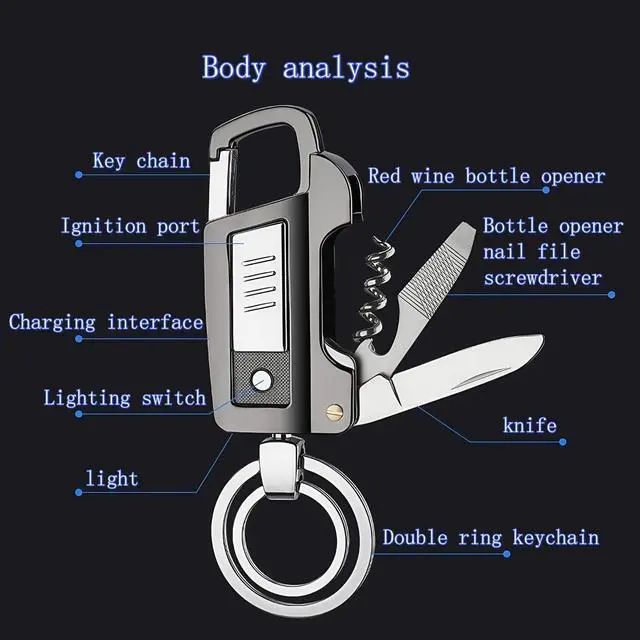 Alt view image 4 of 7 - Multi-functional Keychain with Practical Features - Cigarette Lighter, LED Flashlight, Nail File, Knife, Wine Bottle Opener & Flathead ScrewdriverSuitable for cars, offices, and can be gifts (Black)