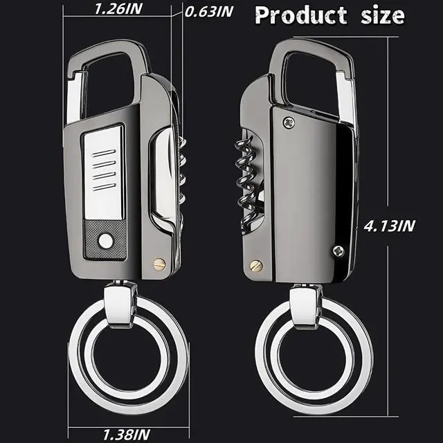 Alt view image 3 of 7 - Multi-functional Keychain with Practical Features - Cigarette Lighter, LED Flashlight, Nail File, Knife, Wine Bottle Opener & Flathead ScrewdriverSuitable for cars, offices, and can be gifts (Black)