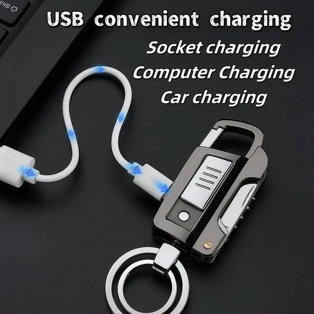 Alt view image 2 of 7 - Multi-functional Keychain with Practical Features - Cigarette Lighter, LED Flashlight, Nail File, Knife, Wine Bottle Opener & Flathead ScrewdriverSuitable for cars, offices, and can be gifts (Black)