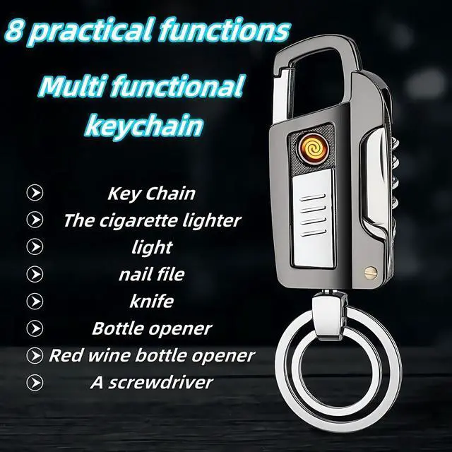 Alt view image 5 of 7 - Multi-functional Keychain with Practical Features - Cigarette Lighter, LED Flashlight, Nail File, Knife, Wine Bottle Opener & Flathead ScrewdriverSuitable for cars, offices, and can be gifts (Black)