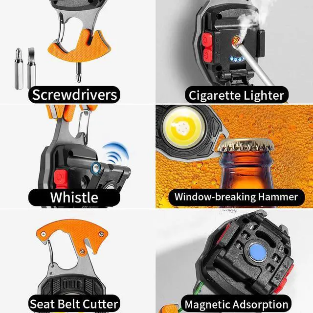 Alt view image 3 of 6 - COB Keychain Work Light Keychain Flashlights, 7 Lighting Modes, 1600 Lumens, COB Rechargeable Multi-Function Work Light with Electric Lighter, Seat Belt Cutter, Screwdriver, Whistle