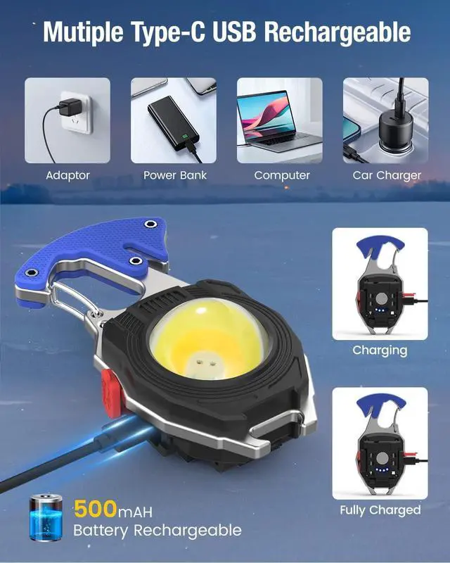 Alt view image 6 of 7 - Keychain Work Light, 7 Modes Mini Rechargeable Torch, IPX5, 800 Lumens COB Keychain Flashlight, Multifunctional Portable Light with Whistle for Outdoor Camping Emergency Lighting