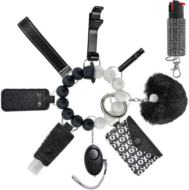Main image of Keychain Set for Women and Girls Includes Beaded Wristlet, Pom Pom, Credit Card Puller and Personal Alarm