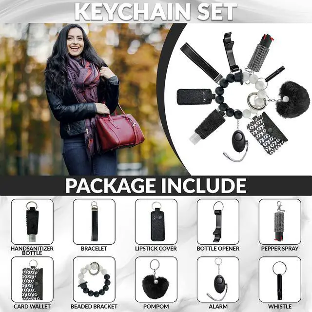 Alt view image 2 of 7 - Keychain Set for Women and Girls Includes Beaded Wristlet, Pom Pom, Credit Card Puller and Personal Alarm