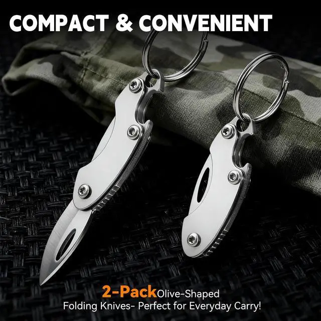 Alt view image 2 of 7 - 2-Pack Olive-Shaped Stainless Steel Folding Knives Compact, Multi-Functional EDC Tool with Bottle Opener, Keychain Attachment, and Sharp 7Cr Steel Blade (1.65" Closed, 0.35 oz)