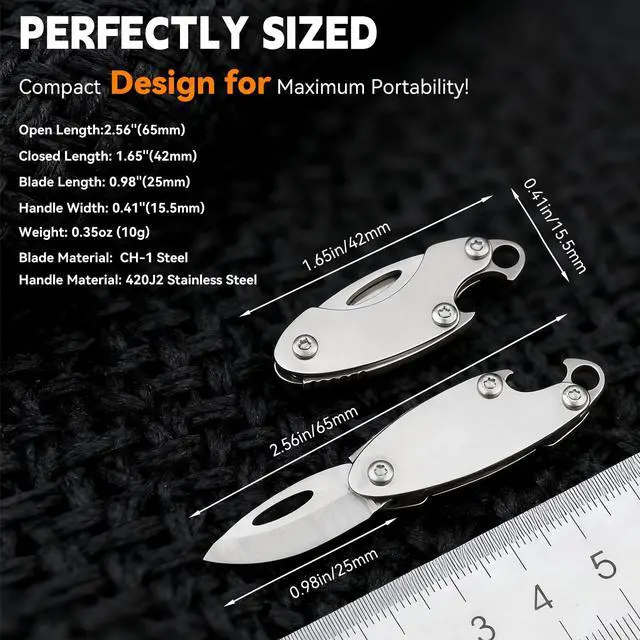 Alt view image 6 of 7 - 2-Pack Olive-Shaped Stainless Steel Folding Knives Compact, Multi-Functional EDC Tool with Bottle Opener, Keychain Attachment, and Sharp 7Cr Steel Blade (1.65" Closed, 0.35 oz)