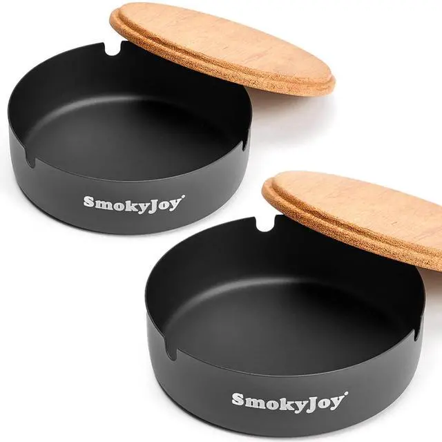 Main image of Ashtray with Lid for Outside Patio, 2 Pack Windproof Ash Tray, Black Stainless Steel Smokeless Ashtray for Outdoor Home Office Tabletop Patio Outdoor Balcony, Meidium